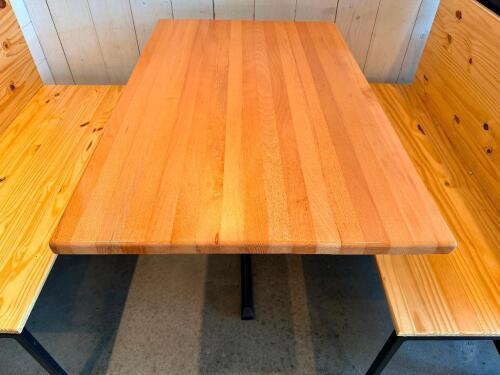48" X 30" HARDWOOD BUTCHER BLOCK STYLE TABLE W/ METAL BASE.
