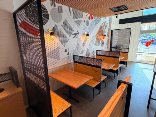(3) SECTION OF 48" WOOD AND METAL BOOTH SEATING SECTION W/ POWDER-COATED STEEL FRAME WITH PERFORATED METAL PRIVACY PANEL