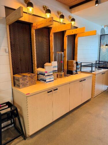 96" CUSTOM WOOD CABINET BASE WITH DECORATIVE WOOD FRAMING, METAL BACK PANELS, AND WALL-MOUNT LIGHT FIXTURES