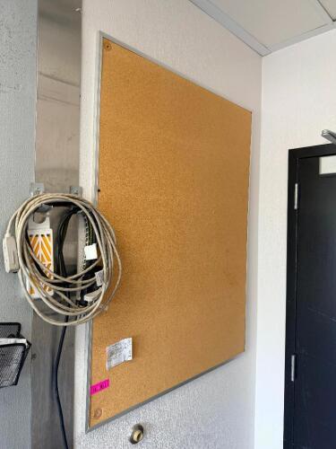 CORK BOARD, DRY ERASE BOARD, AND FRAMED POSTER
