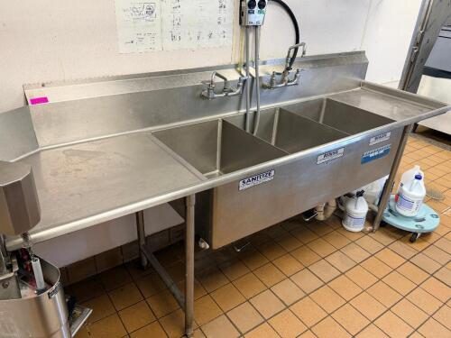 102" THREE WELL RIGHT SIDE STAINLESS POT SINK W/ DUEL FAUCETS AND DRAIN LEVERS