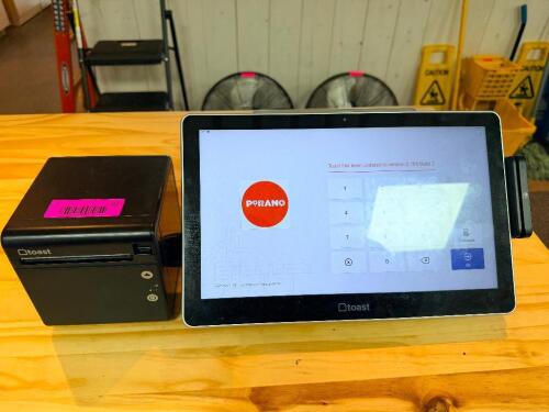 TOAST TOUCHSCREEN POS TERMINAL SYSTEM WITH (4) DISPLAY MONITOR, RECEIPT PRINTER, AND CARD READER, INCLUDES MOUNTING STAND AND CONNECTING CABLES.