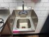 WALL MOUNT STAINLESS STEEL HAND SINK WITH INTEGRATED SIDE SPLASH GUARDS, GOOSENECK FAUCET, AND DUAL CONTROL HANDLES. - 2