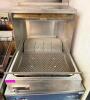 HATCO GLO-RAY FRY HOLDING STATION WITH STAINLESS STEEL BODY, OVERHEAD HEATING ELEMENT, AND PERFORATED HOLDING PAN WITH GREASE DRAIN AREA. FEATURES FRONT MOUNTED POWER SWITCH.