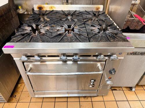THE MONTAGUE CO. COMMERCIAL 6-BURNER GAS RANGE WITH STANDARD OVEN, HEAVY-DUTY CAST IRON GRATES AND STAINLESS STEEL BODY. EACH OPEN BURNER APPROX. 30,000 BTU. FEATURES MANUAL CONTROLS AND FULL-SIZE OVEN BASE