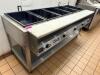 VOLLRATH SERVEWELL ELECTRIC STEAM TABLE WITH FIVE WELL PAN CONFIGURATION AND STAINLESS STEEL CONSTRUCTION. UNIT FEATURES INDIVIDUAL HEAT CONTROLS FOR EACH WELL AND OPEN BASE STORAGE SHELF.