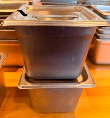 (4) 1/6 SIZE STAINLESS INSERTS W/ LIDS