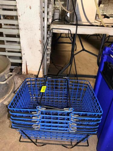 (4) WIRE SHOPPING HAND CARTS AND (1) STAND.