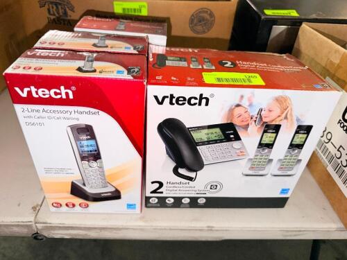 (1) VTECH PHONE W/ (2) HANDSETS AND (3) ADDITIONAL SINGLE HANDSETS.
