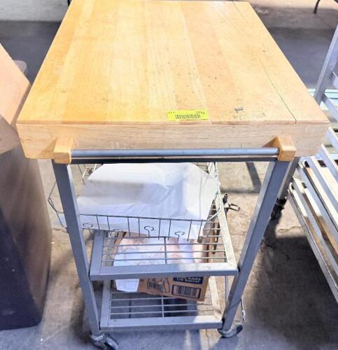 20" X 12" BUTCHER BLOCK TOP ROLLING CART.