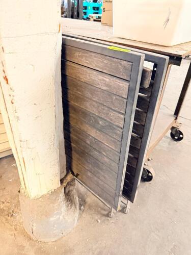 (2) 36" X 36" FOLDING TEAK PATIO TABLES W/ METAL FRAMES.