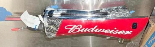 BUDWEISER BRANDED CHROME DRAFT BEER TOWER WITH DUAL LINE CONNECTIONS, INTEGRATED DIGITAL TEMPERATURE DISPLAY, AND TOP MOUNT TAP FAUCET