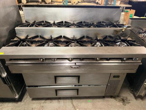 JADE RANGE TEN BURNER SPLIT LEVEL RANGE W/ TRUE TWO DRAWER CHEFS BASE.