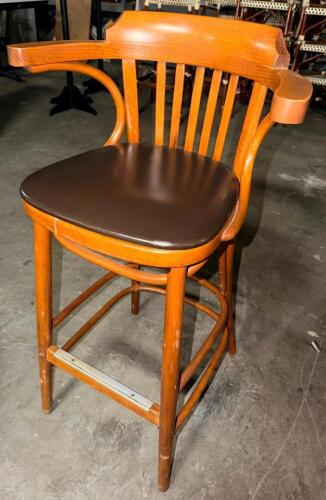 (4) 30" TALL BAR STOOLS W/ BAR BACK AND BROWN VINYL SEATS.