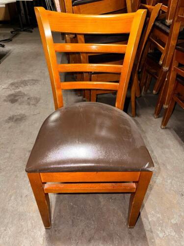 (8) LADDER BACK WOOD CHAIRS W/ BROWN VINYL SEATS