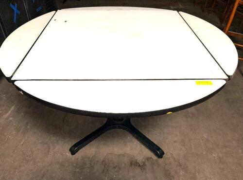 (2) 51" ROUND / 36" SQUARE TABLE W/ FOLDING SIDES. W/ WHITE COVERING.