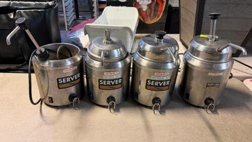 (4) HEATED TOPPING DISPENSERS W/ PUMPS.
