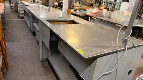 THREE SECTION STAINLESS STEEL REFRIGERATED SUBWAY PREP COUNTER WITH INTEGRATED COLD PAN INSERTS, HINGED LIDS, UNDERSHELF STORAGE, AND DETACHED GLASS SNEEZE GUARD. INCLUDES INTERNAL REFRIGERATION SYSTEM AND MULTIPLE INSERT PANS. OVERALL CONDITION IS USED A