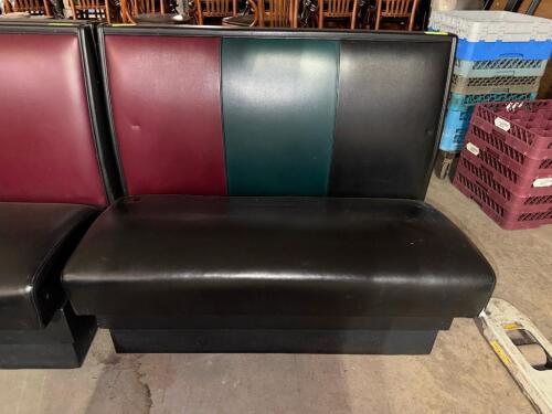 (4) SECTIONS OF 42" BOOTH SEATING. BLACK, GREEN, AND RED VINYL.