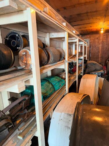 CONTENTS OF WOODEN SHELVING - ASSORTED HARDWARE AND TOOLING.