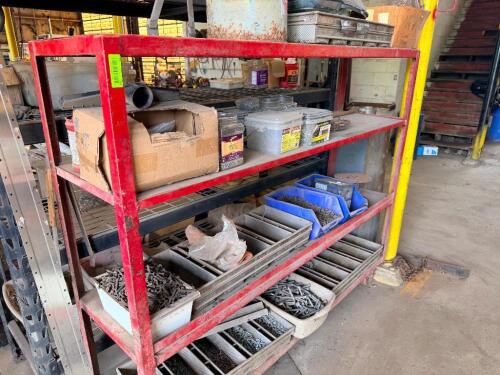 72" RED METAL HEAVY DUTY SHELF W/ CONTENTS - ASSORTED HARDWARE.