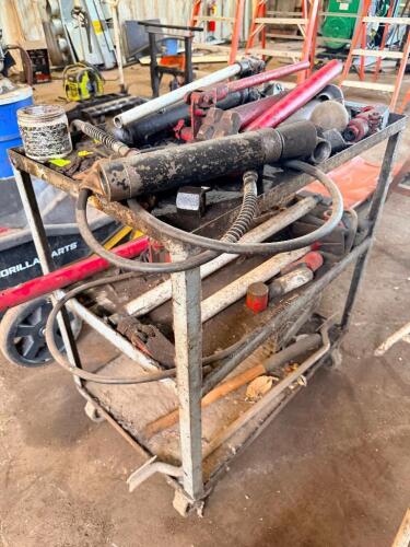CART AND CONTENTS - ASSORTED HYDRAULIC POWER PACKS AND HARDWARE.
