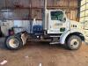 STERLING DAY CAB SEMI TRUCK TRACTOR, TANDEM AXLE CONFIGURATION, FIFTH WHEEL, DIESEL ENGINE, MANUAL TRANSMISSION, AIR RIDE SUSPENSION, EXHAUST STACK, ALUMINUM FUEL TANK, INTERIOR SHOWS WEAR WITH TORN SEAT, EXTERIOR SHOWS DUST, SURFACE RUST ON FRAME AND WHE