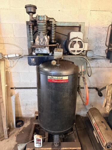 INDUSTRIAL PNEUMATICS VERTICAL AIR COMPRESSOR WITH TANK, BELT-DRIVEN PUMP, ELECTRIC MOTOR, AND GAUGE ASSEMBLY, FLOOR MOUNTED UNIT