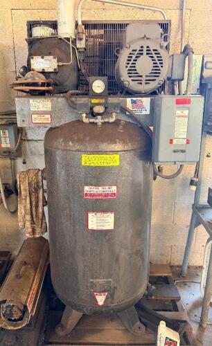 ALL TYPE VERTICAL AIR COMPRESSOR WITH TANK, BELT-DRIVEN PUMP, ELECTRIC MOTOR, AND CONTROL BOX, MOUNTED UNIT