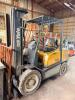 YALE PNEUMATIC FORKLIFT WITH SOLID TIRES, LP PROPANE SYSTEM, OVERHEAD GUARD, SIDE SHIFT CONTROL LEVERS. COMES W/ LP TANK. EQUIPPED WITH FORKS AND STANDARD MAST ASSEMBLY. HOUR METER READS 12,667 HOURS. - 2