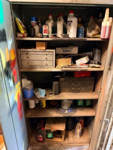 TWO DOOR METAL STORAGE CABINET ORGANIZER W/ CONTENTS .