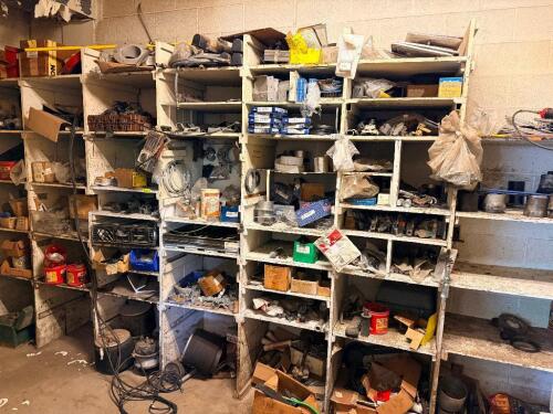 CONTENTS OF WOODEN TOOL ROOM SHELF - ASSORTED PARTS AND HARDWARE.