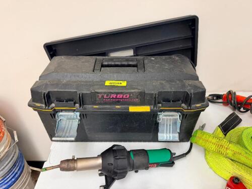 LEISTER PLASTIC WELDING TOOL KIT WITH HANDHELD HEAT GUNS, ASSORTED TIPS, ACCESSORIES, WELDING RODS, AND HARD CASE, INCLUDES SECOND HAND TOOL AND ORGANIZER TRAY.