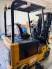 CATERPILLAR FORKLIFT WITH SOLID TIRES, OVERHEAD GUARD, SIDE BATTERY COMPARTMENT, MULTI-STAGE MAST, FORK ATTACHMENT WITH SIDE PLATE, OPERATOR SEAT WITH CONTROLS, DASH DISPLAY, HOUR METER 3468.6 HOURS - 14
