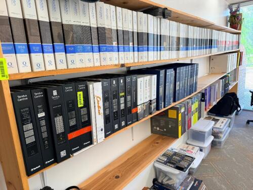 CONTENTS OF SHELF - LARGE ASSORTMENT OF FLOORING AND SAMPLE BINDERS AND MATERIALS.