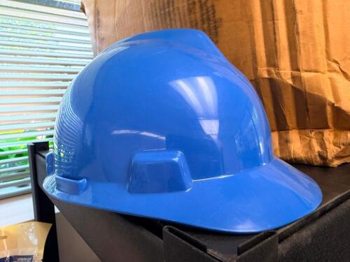 (1) CASE OF ASSORTED BLUE AND WHITE PLASTIC HARD HATS.