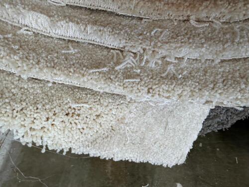 ROLL OF CARPETING IN LIGHT CREAM COLOR WITH SOFT TEXTURED SURFACE, PARTIAL ROLL WITH FRAYED EDGES AND EXPOSED BACKING