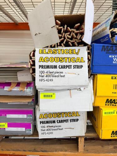 (3) BOXES ELASTICEL / ACOUSTICAL PREMIUM CARPET STRIP LOT, APPROXIMATELY 100 PIECES PER BOX, 4 FOOT LENGTHS, TOTAL 400 LINEAR FEET