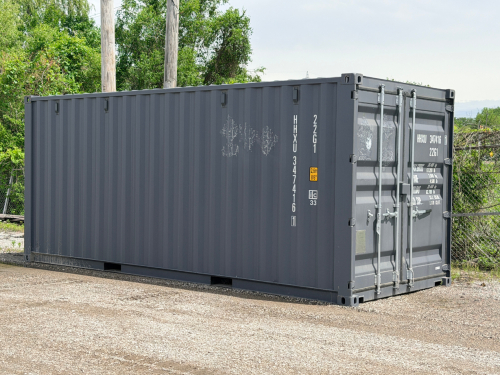 20' RAYFORE SHIPPING CONTAINER WITH DOUBLE SWING DOORS, LOCKING BARS, AND WEATHER-SEALED INTERIOR, GRAY FINISH, CLEAN INTERIOR FLOOR AND WALLS