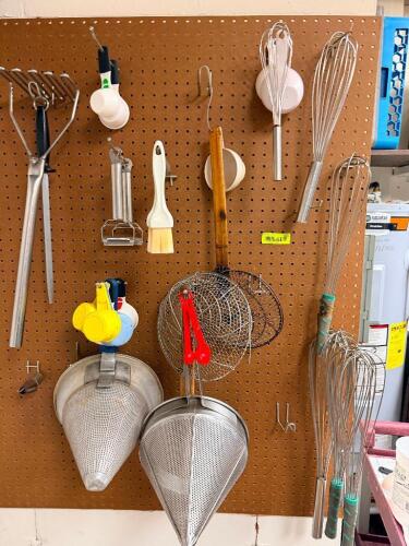 CONTENTS OF PEG BOARDS. (1) LOT OF ASSORTED STAINLESS UTENSILS.