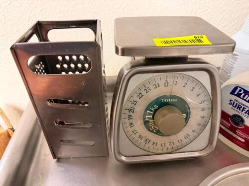 CHEESE GRADER AND (1) PORTION SCALE.