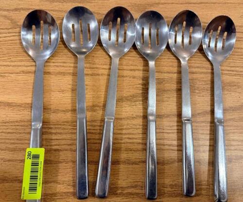 (6) SLOTTED STAINLESS SERVING SPOONS.