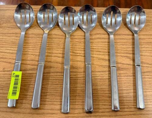 (6) SLOTTED STAINLESS SERVING SPOONS.
