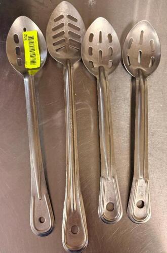 (4) SLOTTED STAINLESS SERVING SPOONS.