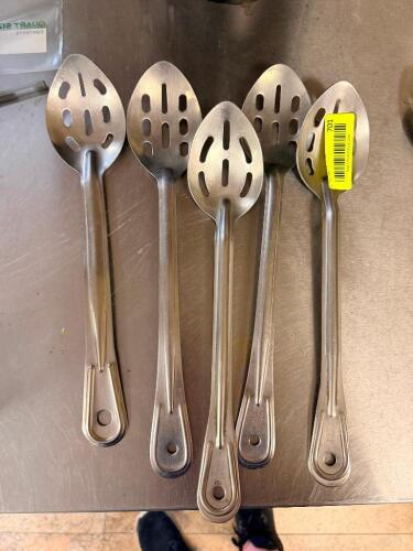(5) SLOTTED STAINLESS SERVING SPOONS.
