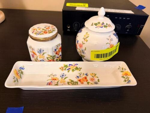 AYNSLEY COTTAGE GARDEN BONE CHINA SERVING TRAY WITH MATCHING LIDDED JARS, MADE IN ENGLAND