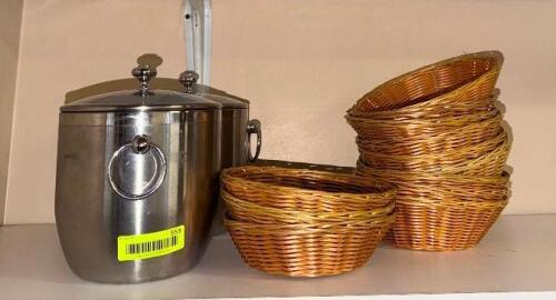 (2) STAINLESS CHAMPAGNE BUCKETS AND (1) LOT OF WICKER BASKETS