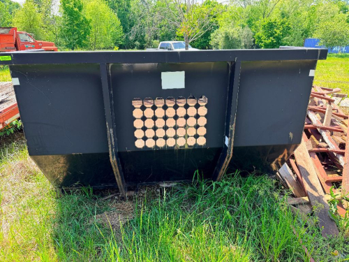 STEEL TRUCK BED OR FLATBED DUMP BODY WITH SIDE RAILS, SOLID METAL FLOOR, REAR MESH PANEL, BLACK FINISH