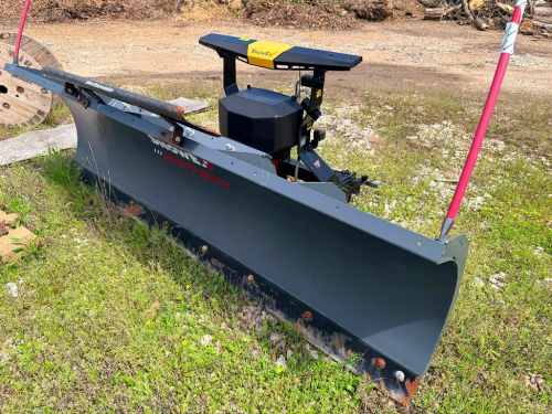SNOWEX HEAVY DUTY STRAIGHT BLADE SNOW PLOW WITH HYDRAULIC ANGLE SYSTEM, MOUNTING HARDWARE, AND PLOW LIGHT BAR.