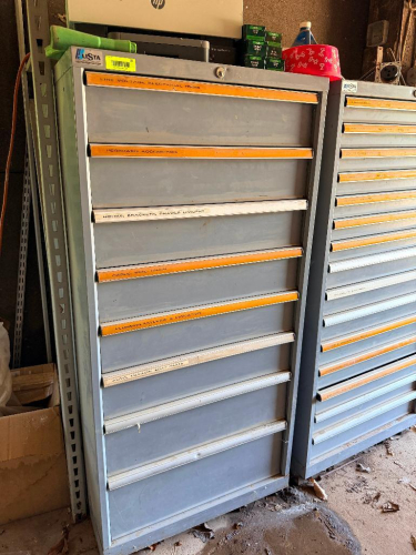 (2) LISTA INDUSTRIAL PARTS STORAGE CABINETS WITH MULTIPLE SHALLOW DRAWERS, LABEL STRIPS, AND LOCKING TOPS